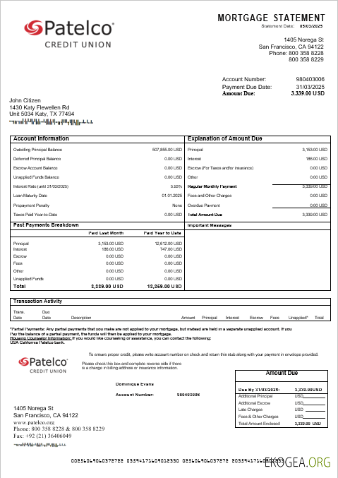 Relevé hypothécaire de la banque Patelco, États , Unis, Californie, aux formats Word et PDF